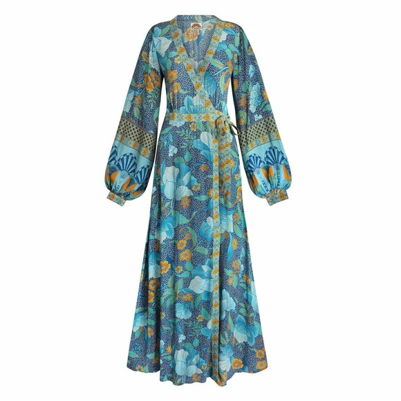 Nine Lives Bazaar Allure Maxi Wrap Dress Size 10 Blue Floral Boho Long Sleeve - Picture 4 of 16